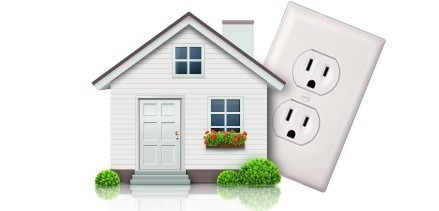 double electric wall socket behind an image of the front of a suburban house