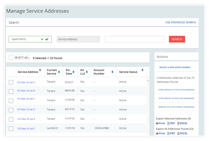 Manage Service Addresses Dashboard