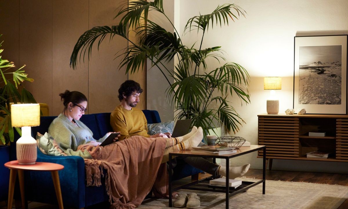 American couple working on their laptops on the couch