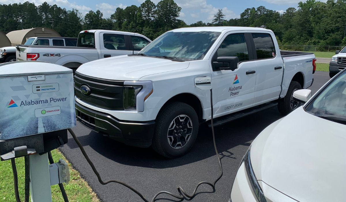 Alabama Power Electric vehicle fleet truck charging at EV station