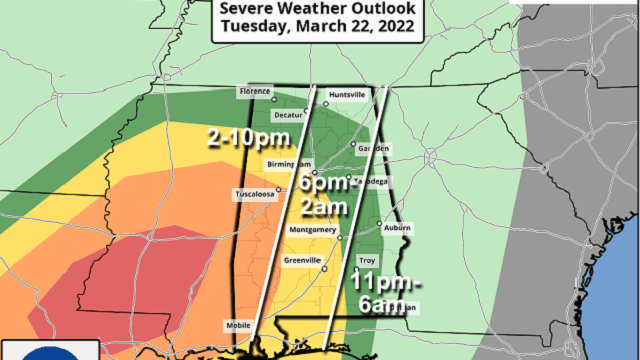 The greatest risk will be in a broad area from Tuscaloosa to Mobile.