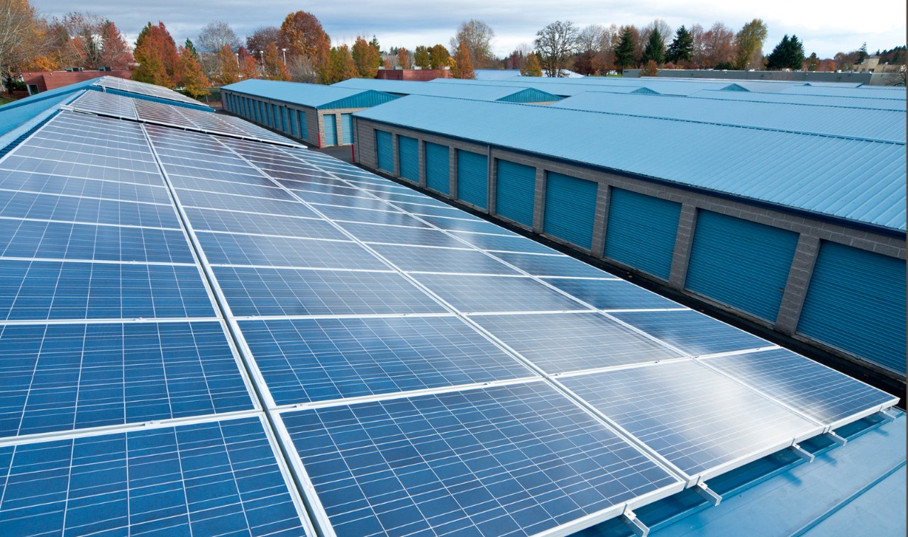 storage units with solar panels on the roof