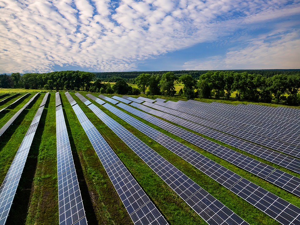 Solar panels generating electricity on a clear summer day.