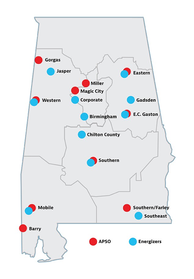 Mapa y ubicaciones de la Organización de Servicios Eléctricos de Alabama (Alabama Power Service Organization, APSO)