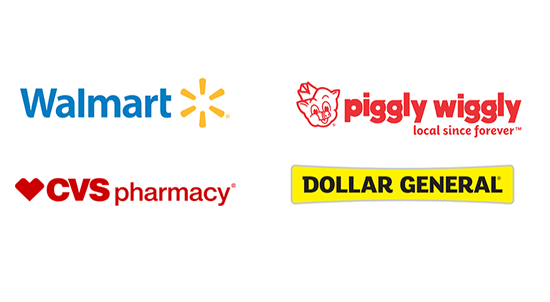 Business Logos (Walmart, Regions, Dollar General, Publix, CVS Pharmacy, Piggly Wiggly)