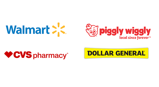 Walmart, Piggly Wiggly, CVS and Dollar General logos